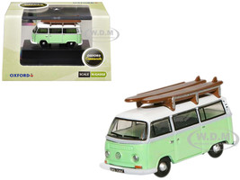 Volkswagen T2 Minibus Light Green and White with Surfboard on Roof Rack 1/148 (N) Scale Diecast Model Car Oxford Diecast NVW007