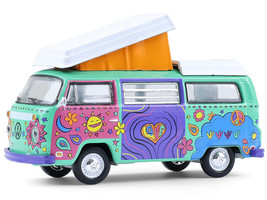 1973 Volkswagen Type 2 Westfalia Campmobile Music Festival Van Green with White Top and Graphics Club Vee Dub Series 21 1/64 Diecast Model Car Greenlight 36120C