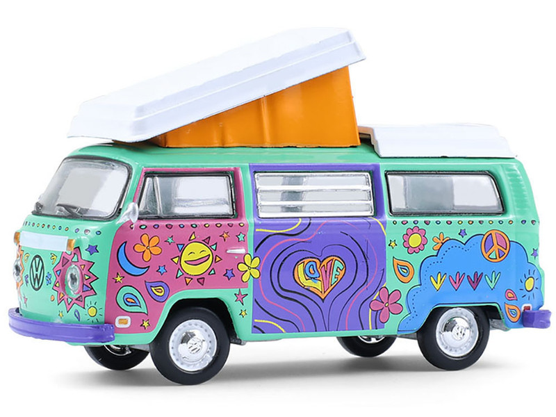 1973 Volkswagen Type 2 Westfalia Campmobile Music Festival Van Green with White Top and Graphics Club Vee Dub Series 21 1/64 Diecast Model Car Greenlight 36120C