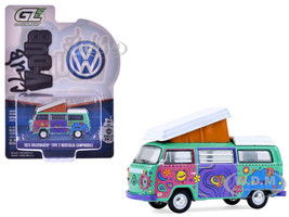 1973 Volkswagen Type 2 Westfalia Campmobile Music Festival Van Green with White Top and Graphics Club Vee Dub Series 21 1/64 Diecast Model Car Greenlight 36120C