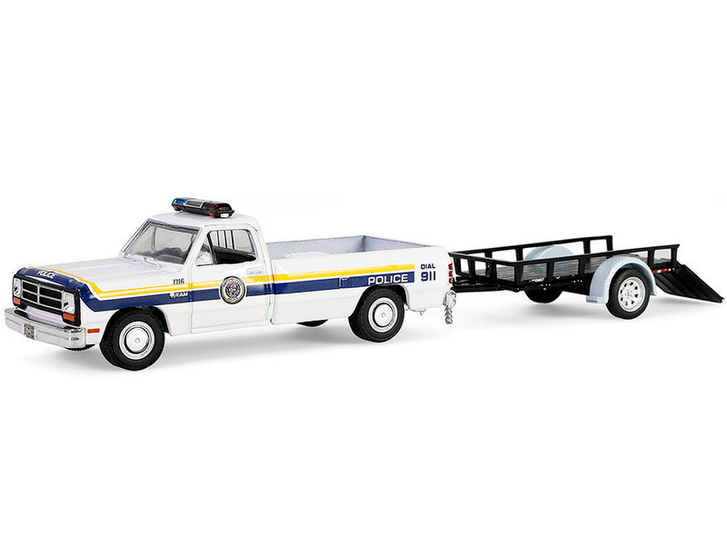 1990 Dodge Ram D250 Pickup Truck Philadelphia PA Police Department White with Stripes and Utility Trailer Hot Pursuit Hitch & Tow Series 1 1/64 Diecast Model Cars Greenlight 32315A
