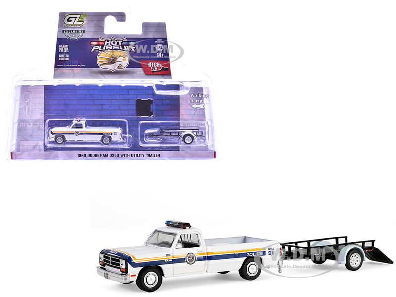 1990 Dodge Ram D250 Pickup Truck Philadelphia PA Police Department White with Stripes and Utility Trailer Hot Pursuit Hitch & Tow Series 1 1/64 Diecast Model Cars Greenlight 32315A