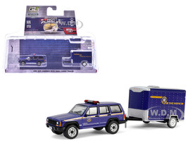 2001 Jeep Cherokee New York State Police Blue with Yellow Stripes and Small Cargo Trailer Hot Pursuit Hitch & Tow Series 1 1/64 Diecast Model Cars Greenlight 32315B