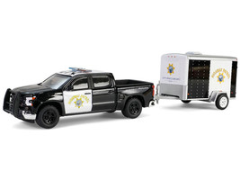 2023 Chevrolet Silverado Pickup Truck California Highway Patrol Black and White with Small Cargo Trailer Hot Pursuit Hitch & Tow Series 1 1/64 Diecast Model Cars Greenlight 32315C
