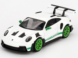 Porsche 911 992 GT3 RS White with Green Stripes and Wheels Tribute to Carrera RS Package Limited Edition 1/64 Diecast Model Car Mini GT MGT00827