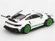 Porsche 911 992 GT3 RS White with Green Stripes and Wheels Tribute to Carrera RS Package Limited Edition 1/64 Diecast Model Car Mini GT MGT00827