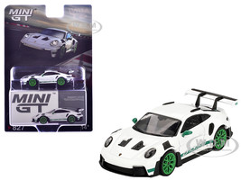 Porsche 911 992 GT3 RS White with Green Stripes and Wheels Tribute to Carrera RS Package Limited Edition 1/64 Diecast Model Car Mini GT MGT00827