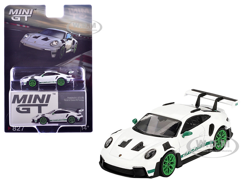 Porsche 911 992 GT3 RS White with Green Stripes and Wheels Tribute to Carrera RS Package Limited Edition 1/64 Diecast Model Car Mini GT MGT00827