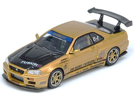 Nissan Skyline GT R R34 RHD Right Hand Drive Top Secret Gold Metallic with Carbon Hood and Trunk 1/64 Diecast Model Car Inno Models IN64-R34TS-GOLD