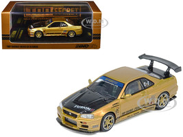 Nissan Skyline GT R R34 RHD Right Hand Drive Top Secret Gold Metallic with Carbon Hood and Trunk 1/64 Diecast Model Car Inno Models IN64-R34TS-GOLD