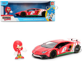 Lamborghini Aventador SV Red with Graphics and Knuckles Diecast Figure Sonic The Hedgehog Franchise Hollywood Rides Series 1/24 Diecast Model Jada 36264