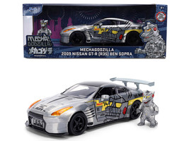 2009 Nissan GT R R35 Ben Sopra Brushed Metal with Black Top and Graphics and Mechagodzilla Diecast Figure Godzilla Franchise Anime Hollywood Rides Series 1/24 Diecast Model Jada 36285