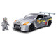 2009 Nissan GT R R35 Ben Sopra Brushed Metal with Black Top and Graphics and Mechagodzilla Diecast Figure Godzilla Franchise Anime Hollywood Rides Series 1/24 Diecast Model Jada 36285