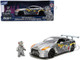 2009 Nissan GT R R35 Ben Sopra Brushed Metal with Black Top and Graphics and Mechagodzilla Diecast Figure Godzilla Franchise Anime Hollywood Rides Series 1/24 Diecast Model Jada 36285