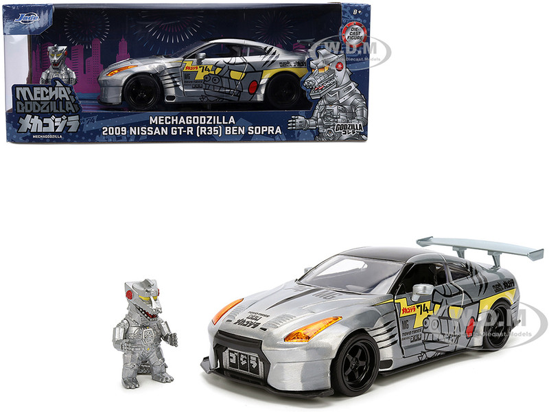 2009 Nissan GT R R35 Ben Sopra Brushed Metal with Black Top and Graphics and Mechagodzilla Diecast Figure Godzilla Franchise Anime Hollywood Rides Series 1/24 Diecast Model Jada 36285
