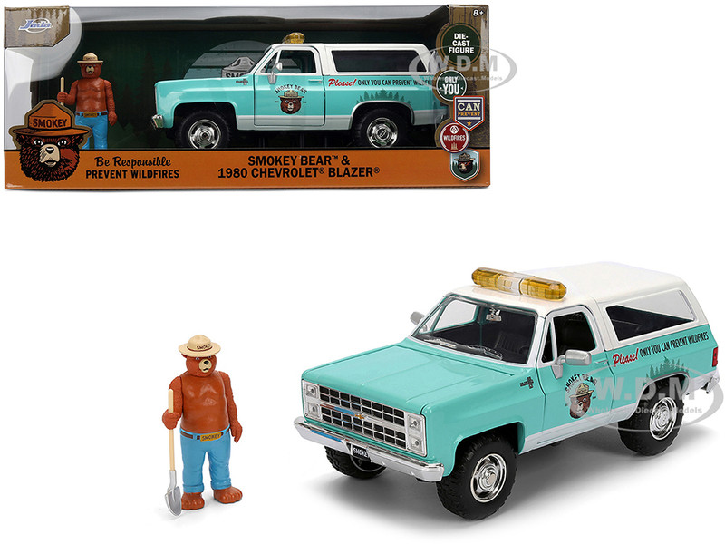 1980 Chevrolet Blazer Light Green with White Top and Graphics and Smokey Bear Diecast Figure Smokey Bear Hollywood Rides Series 1/24 Diecast Model Jada 36294