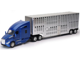Kenworth T680 Truck Blue Metallic with Livestock Trailer Chrome Long Haul Trucker Series 1/32 Diecast Model New Ray 12533