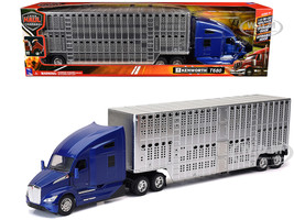 Kenworth T680 Truck Blue Metallic with Livestock Trailer Chrome Long Haul Trucker Series 1/32 Diecast Model New Ray 12533