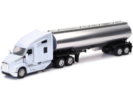 Kenworth T680 Truck White with Oil Tanker Trailer Chrome Long Haul Trucker Series 1/32 Diecast Model New Ray 12623