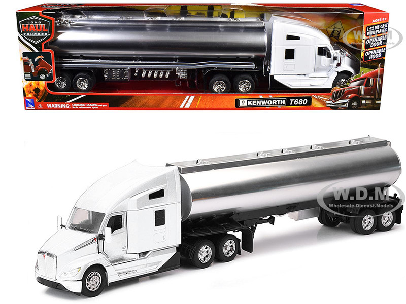 Kenworth T680 Truck White with Oil Tanker Trailer Chrome Long Haul Trucker Series 1/32 Diecast Model New Ray 12623