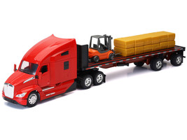 Kenworth T680 Truck Red and Flatbed Trailer with Forklift and Hay Load Long Haul Trucker Series 1/32 Diecast Model New Ray 12753