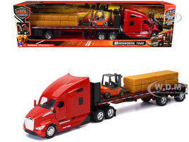 Kenworth T680 Truck Red and Flatbed Trailer with Forklift and Hay Load Long Haul Trucker Series 1/32 Diecast Model New Ray 12753