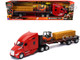 Kenworth T680 Truck Red and Flatbed Trailer with Forklift and Hay Load Long Haul Trucker Series 1/32 Diecast Model New Ray 12753