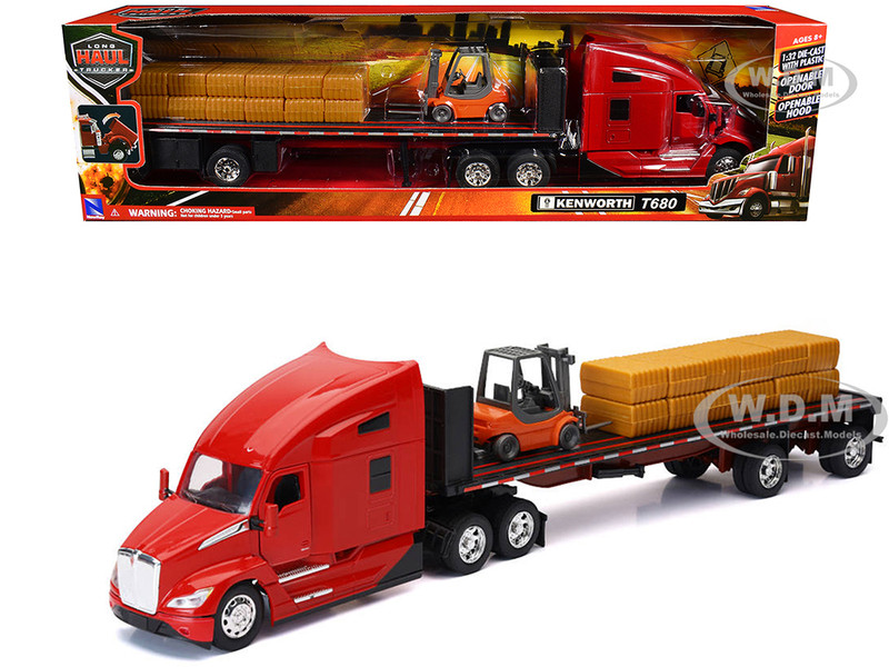 Kenworth T680 Truck Red and Flatbed Trailer with Forklift and Hay Load Long Haul Trucker Series 1/32 Diecast Model New Ray 12753