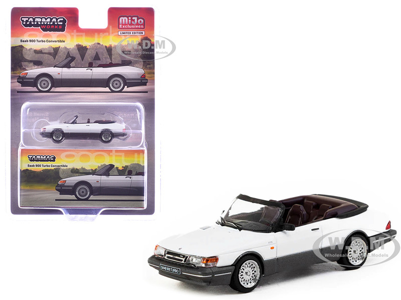 Saab 900 Turbo Convertible White and Gray Global64 Series 1/64 Diecast Model Tarmac Works T64G-067-WH