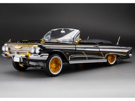 1961 Chevrolet Impala Open Convertible Lowrider Black with Gold Graphics American Collectibles Series 1/18 Diecast Model Car Sun Star SS-2110