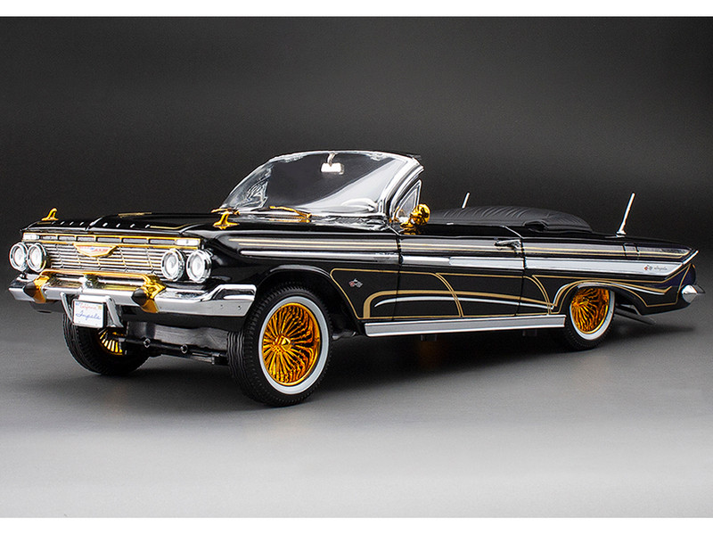 1961 Chevrolet Impala Open Convertible Lowrider Black with Gold Graphics American Collectibles Series 1/18 Diecast Model Car Sun Star SS-2110