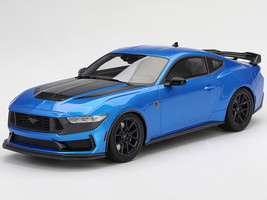 2024 Ford Mustang Dark Horse Grabber Blue Metallic Black Hood Stripes 1/18 Model Car Top Speed TS0552