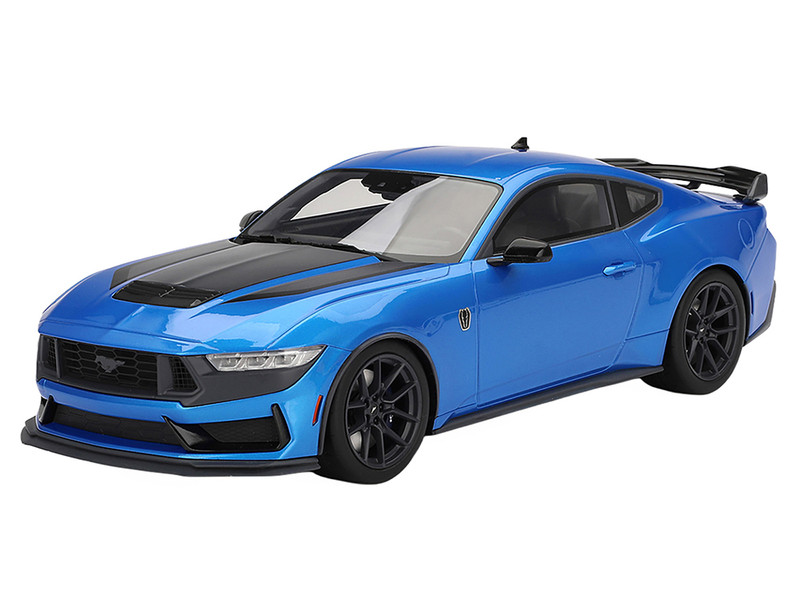2024 Ford Mustang Dark Horse Grabber Blue Metallic Black Hood Stripes 1/18 Model Car Top Speed TS0552