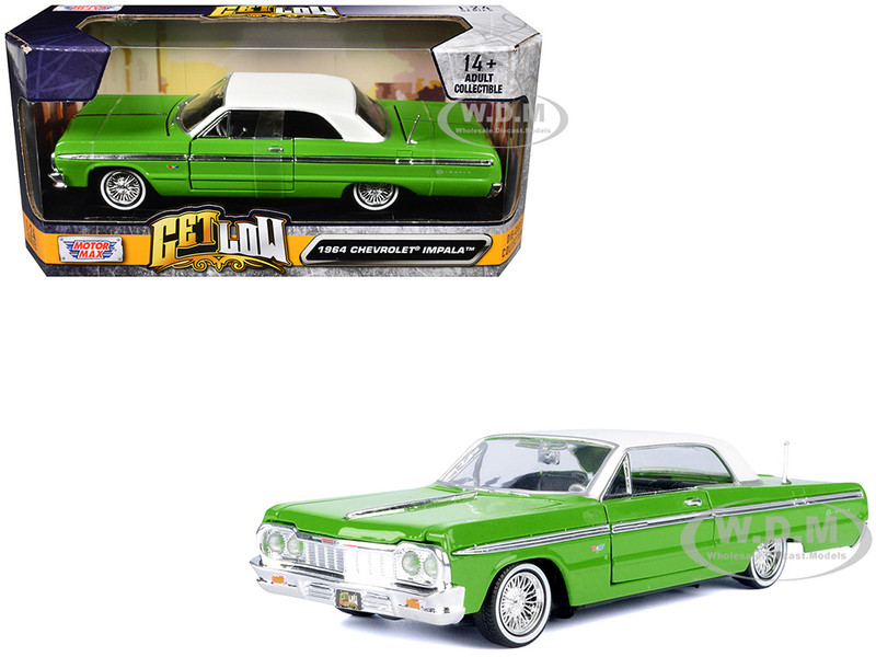 1964 Chevrolet Impala Lowrider Hard Top Green with White Top Get Low Series 1/24 Diecast Model Car Motormax 79021GRN