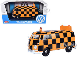 Volkswagen Type 2 T1 Airport Runway Delivery Van Black and Orange Checkered 1/24 Diecast Model Car Motormax 79572