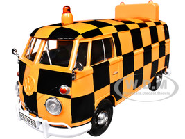 Volkswagen Type 2 T1 Airport Runway Delivery Van Black and Orange Checkered 1/24 Diecast Model Car Motormax 79572