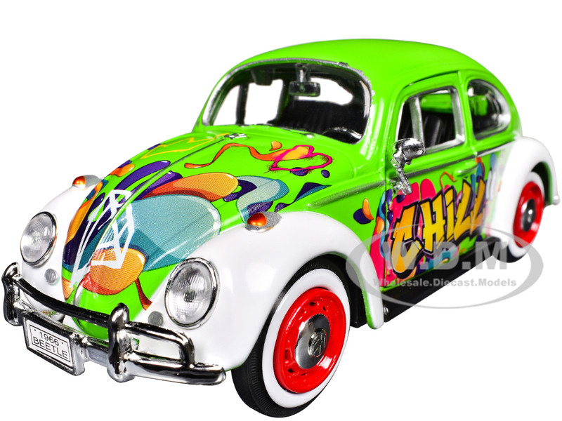 1966 Volkswagen Beetle Green with Graffiti Graphics 1/24 Diecast Model Car Motormax 79598