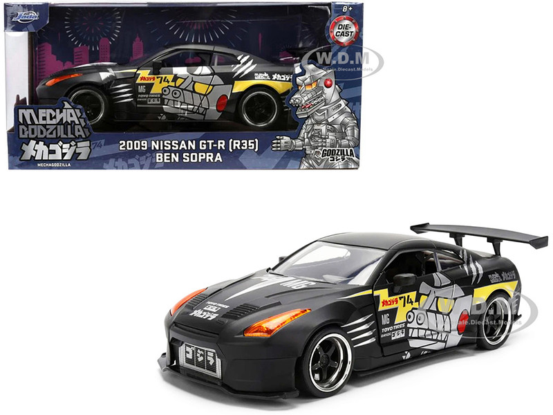 2009 Nissan GT R R35 Ben Sopra Matt Black with Mechagodzilla Graphics Hollywood Rides Series 1/24 Diecast Model Car Jada 36707