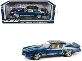 1980 Chevrolet Camaro Z28 with T Tops Dark Blue Metallic with Stripes and Light Gray Interior 1/18 Diecast Model Car Greenlight 13691