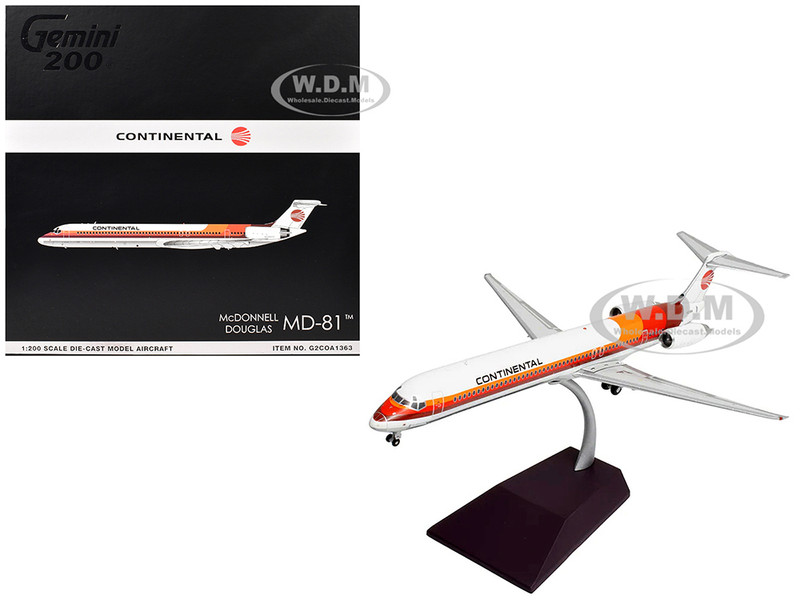 McDonnell Douglas MD 81 Commercial Aircraft Continental Airlines N859HA White with Red and Orange Stripes Gemini 200 Series 1/200 Diecast Model Airplane GeminiJets G2COA1363