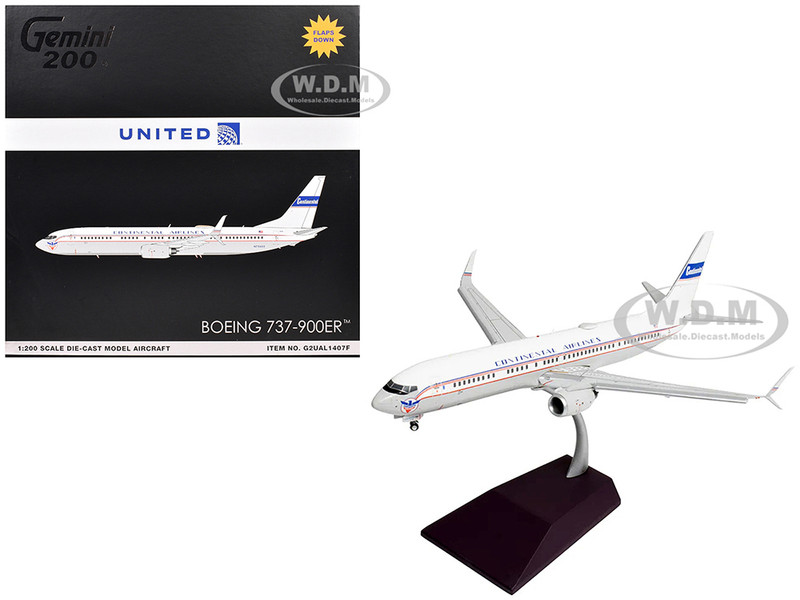 Boeing 737 900ER Commercial Aircraft with Flaps Down Continental Airlines United Airlines N75435 White with Red and Blue Stripes Gemini 200 Series 1/200 Diecast Model Airplane GeminiJets G2UAL1407F