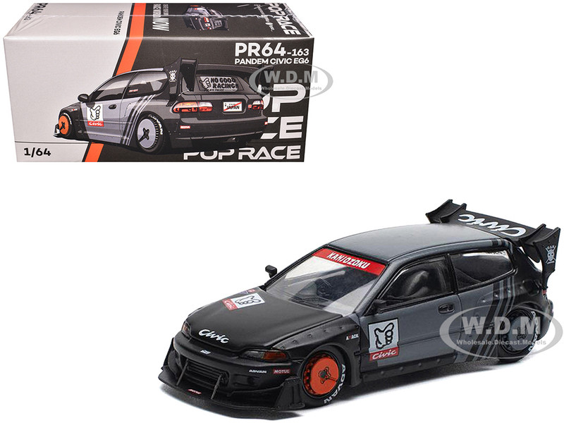 Pandem Civic EG6 RHD Right Hand Drive Kanjozoku Matt Black and Gray with Graphics 1/64 Diecast Model Car Pop Race PR640163