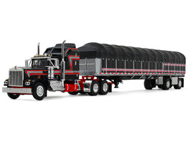 Kenworth W900A with 60 Aerodyne Sleeper and 53’ Wilson Roadbrute Flatbed Trailer with Covered Wagon Black with Red Stripes 1/64 Diecast Model DCP/First Gear 60-2056