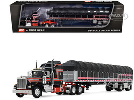 Kenworth W900A with 60 Aerodyne Sleeper and 53’ Wilson Roadbrute Flatbed Trailer with Covered Wagon Black with Red Stripes 1/64 Diecast Model DCP/First Gear 60-2056