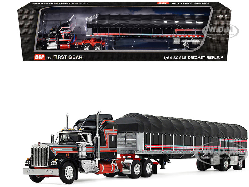 Kenworth W900A with 60 Aerodyne Sleeper and 53’ Wilson Roadbrute Flatbed Trailer with Covered Wagon Black with Red Stripes 1/64 Diecast Model DCP/First Gear 60-2056