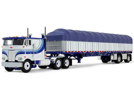 Peterbilt 352 COE 110 Sleeper and 53 Wilson Roadbrute Flatbed Trailer with Covered Wagon White with Blue Stripes 1/64 Diecast Model DCP/First Gear 60-2057