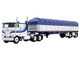 Peterbilt 352 COE 110 Sleeper and 53 Wilson Roadbrute Flatbed Trailer with Covered Wagon White with Blue Stripes 1/64 Diecast Model DCP/First Gear 60-2057