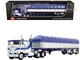 Peterbilt 352 COE 110 Sleeper and 53 Wilson Roadbrute Flatbed Trailer with Covered Wagon White with Blue Stripes 1/64 Diecast Model DCP/First Gear 60-2057