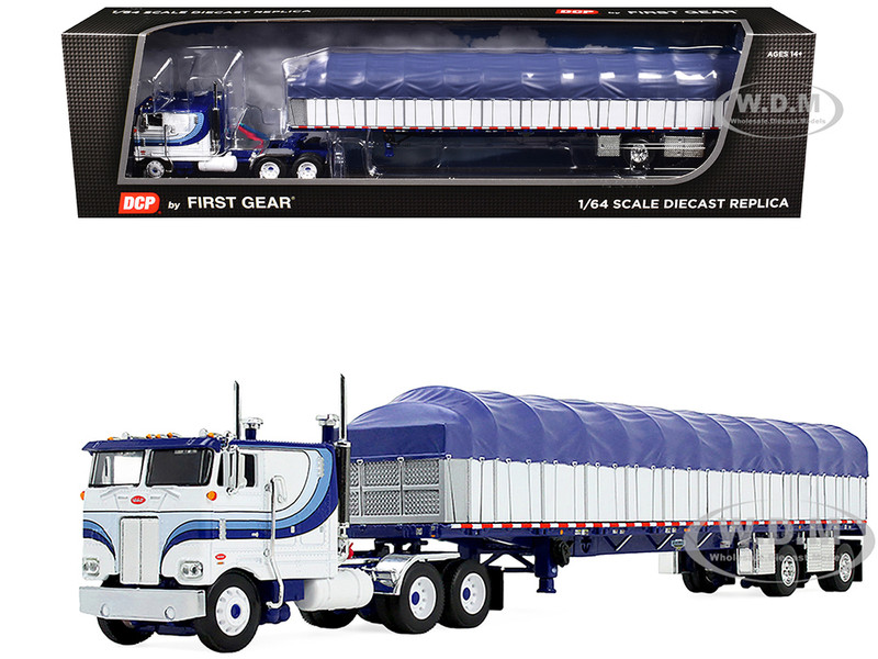 Peterbilt 352 COE 110 Sleeper and 53 Wilson Roadbrute Flatbed Trailer with Covered Wagon White with Blue Stripes 1/64 Diecast Model DCP/First Gear 60-2057