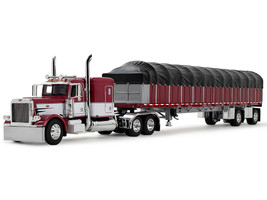 Peterbilt 389 with 63 Flat Top Sleeper and 53 Wilson Roadbrute Flatbed Trailer with Covered Wagon Maroon with White Stripes 1/64 Diecast Model DCP/First Gear 60-2058